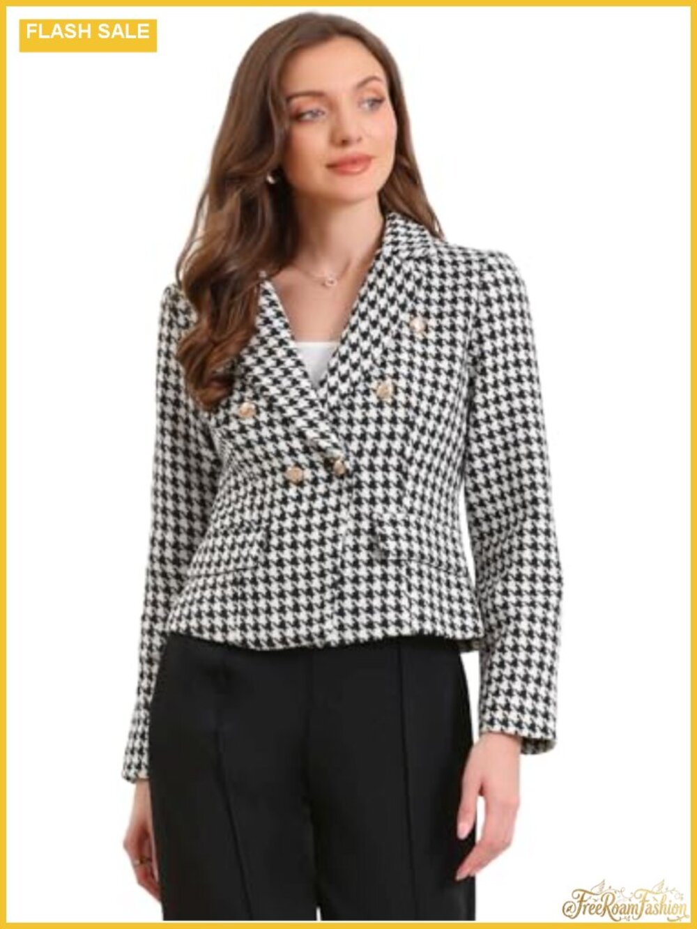 Houndstooth Cropped Blazer Women Notch Lapel Button Business Casual